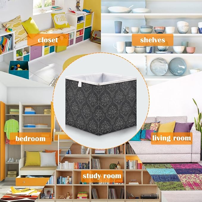 Black Damask Cube Storage Bins Collapsible Fabric Storage Baskets Large Clothes Organizer Box for Bedroom Living Room Study Room 11×11×11 In
