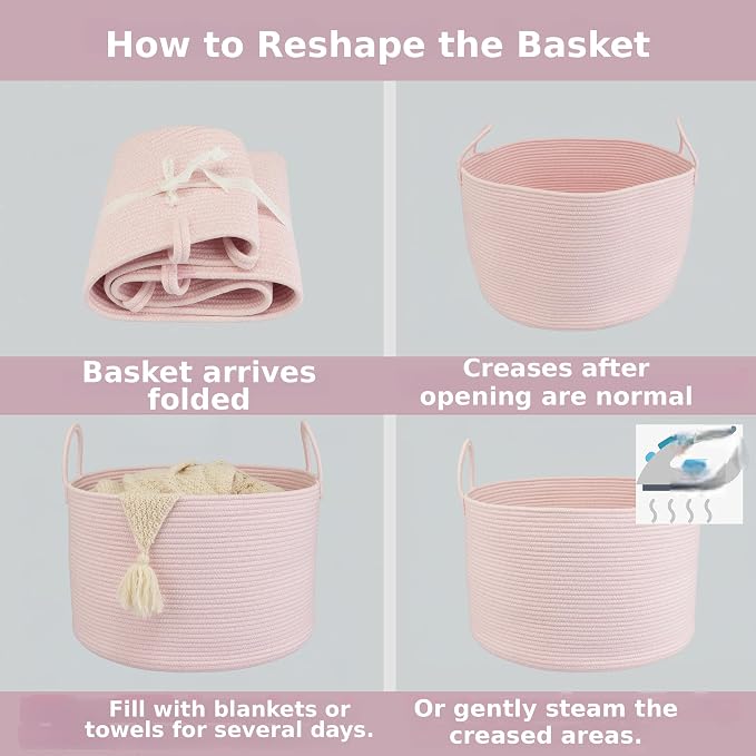 XUANGUO 66L Large Blanket Basket, Round Cotton Rope Basket, Light Pink | 20" x 13" Laundry Basket with Sturdy Handles for Blankets, Pillows and Toys; Storage for Living Room, Bedroom and Nursery