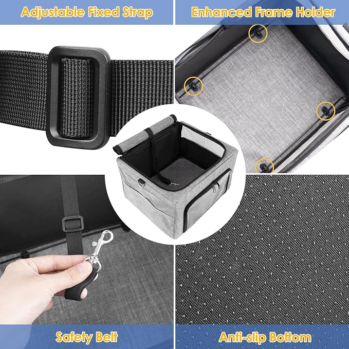 SlowTon Dog Car Seat - with Reinforced Metal Frame for Pets up to 15lbs | Safe Pet Car Seat with Safety Belt & Waterproof Pee Pad & Top Cover, Portable Collapsible Puppy Carrier Bag for Small Dogs