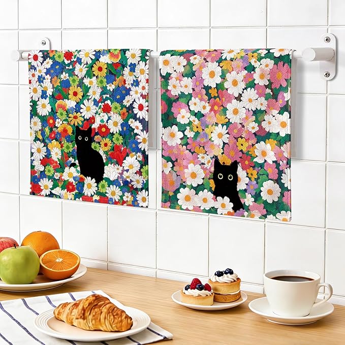 Black Cat Floral Kitchen Towels Set of 2, Cute Cat Dish Towels for Kitchen Drying, Soft Absorbent Microfiber Dish Towels, Spring Cats Kitchen Dish Towels for Cooking, Home, Housewarming Gifts