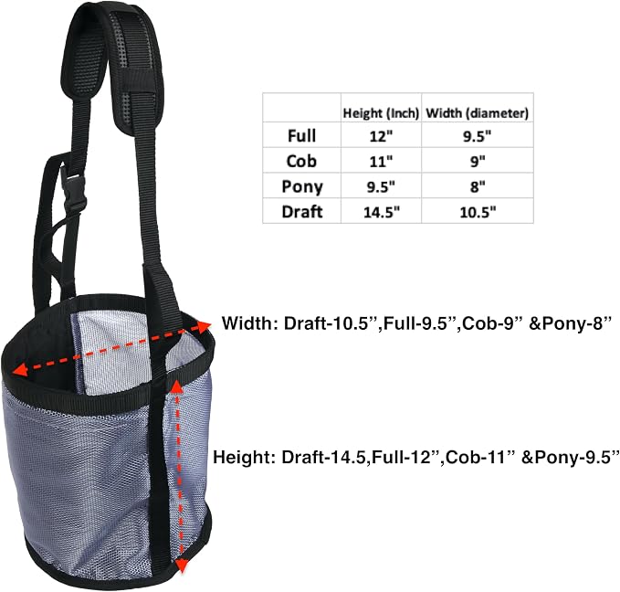 Majestic Ally Horse Feed Bag, Heavy Duty Nylon Mesh Grain Feed Bag, Adjustable Strap with Durable Snap and Elastic Straps, Comfort Neck Pad and Nose Pad- Large (Cob, Black)