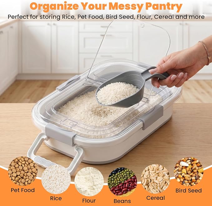 30 Lbs Rice Container, Collapsible Dog Food Storage Container | Airtight Cat Food Container with Wheels, Transparent Lid, Measuring Cup, Scoop and Handle, BPA Free for Pet Food, Bird Seed