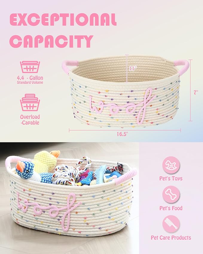 Sea Team Dog Toy Storage Basket with Handles, Rainbow Woof | Large Cotton Rope Storage Bin, Shelf Basket, Organizer for Pet Chew Toys, Foods, 16.5 x 11 x 7 Inches, 4.4 Gallons