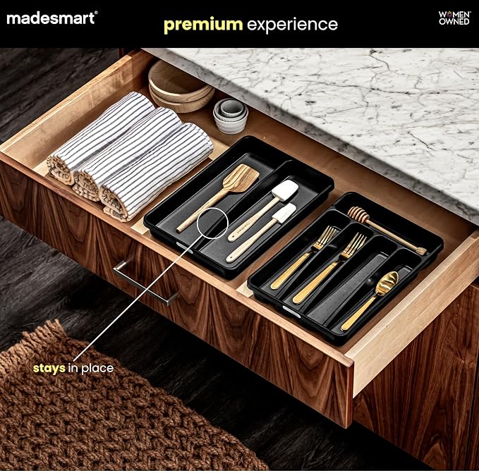 madesmart Classic 2 Compartment Compact Utensil Tray, Carbon | non slip feet, rounded corners, soft grip lining, wide channels, spatulas whisks tongs, ladles serving spoons, woman owned