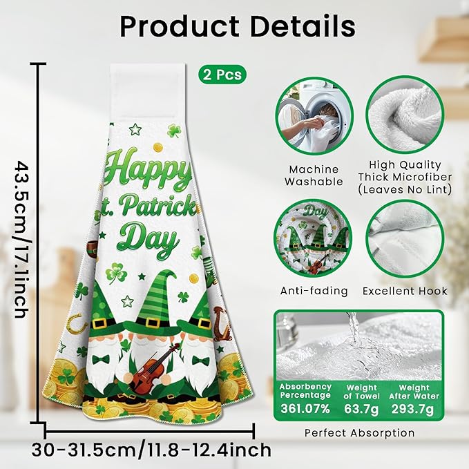 CUTHOLLOW St. Patrick's Gnomes Hanging Kitchen Towels with Loop, Set of 2 - Soft & Super Absorbent Microfiber Decorative Hanging Dish & Hand Towel, Tea, Coffee Towel for Kitchen Bathroom Oven Handle