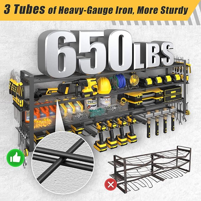 49''W Power Tool Organizer Wall Mount, 650LBS, 4 Tier, 12 Drill Holders | 3-Tube Reinforced Design, Holds 50+ Tools, Cordless Tool Organizer, Rust Resistant, Quick Assembly, Garage Gift for Men
