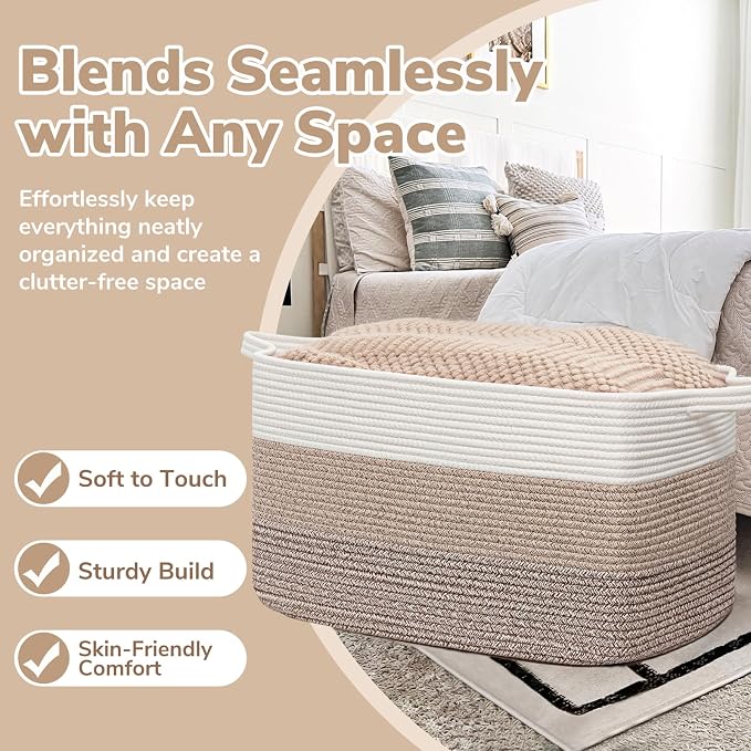 Goodpick Large Woven Blanket Basket 23.6" x 15.7" x 13.8" Cotton Rope Storage Organizer for Dirty Clothes Pillows, Soft Toy Storage Basket for Nursery Home Decor, White & Light Brown