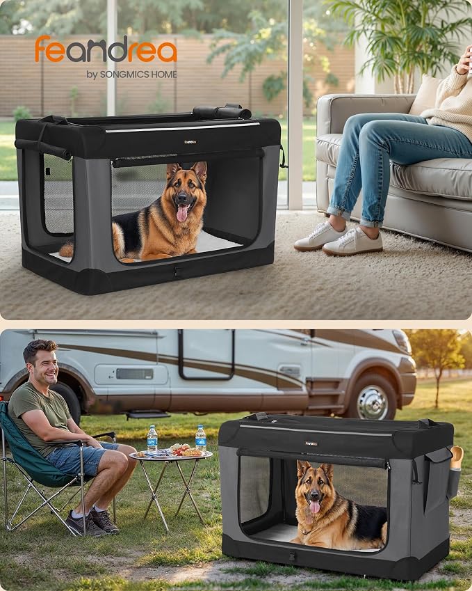 Feandrea Collapsible Dog Crate, Portable Travel Crate, 42-Inch | Oxford Fabric Pet Carrier with 4 Mesh Doors, Handles, Storage Pocket, Water Bottle Holder, UPDC021B01