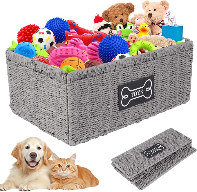 Dog Toy Basket Metal Frame Woven Rattan Foldable Bin, Dog Toy Storage Organizer for Living Room,Entryway,Toy Storage Organizer with Collapsible Rectangular Design,Pet Toy Basket for Dogs and Cats