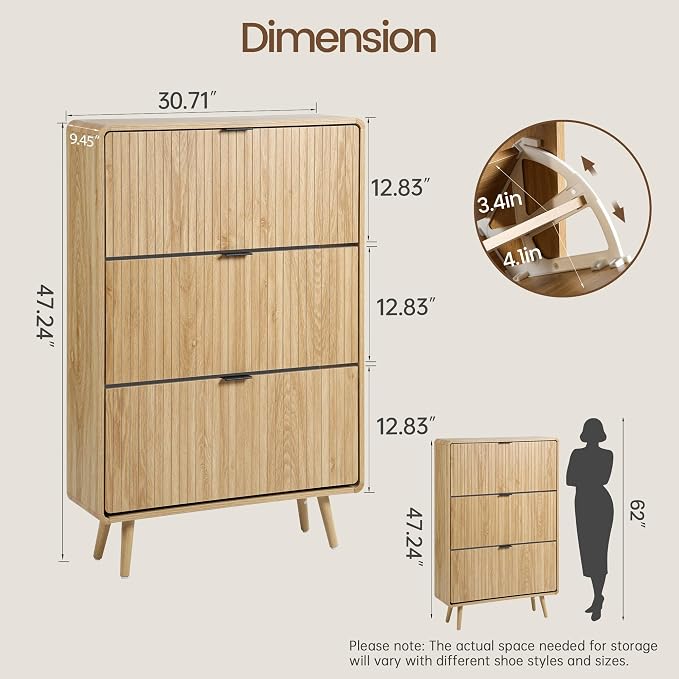 FurSch Fluted Shoe Storage Cabinet with 3 Flip Drawers, Narrow Shoe Rack Cabinet Organizer with Adjustable & Removable Shelves for Entryway (All Natural, 3 Drawers)