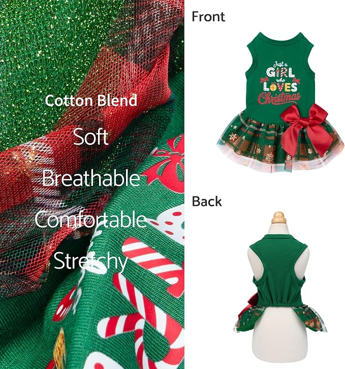 Fitwarm Just a Girl Who Loves Christmas Dog Tulle Dress, Funny Christmas Clothes for Small Dogs Girl, Holiday Pet Outfit, Red, White, Green, Yellow, XS