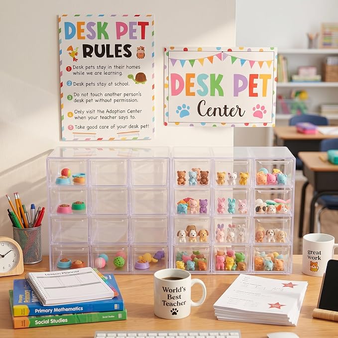 Fumete 2 Pack Classroom Desk Pet Adoption Container Desk Pet Habitats Center Boxes and Signs for Elementary Preschool Decorations Classroom Teacher Management Strategy Supplies for Prize Game Reward