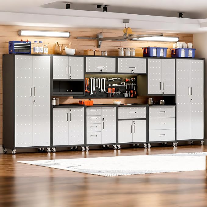 10-Piece Heavy Duty Steel Garage Cabinet System | All-in-One Modular Garage Cabinet Set for Ultimate Workshop Organization | Easy Assembly Garage Storage Cabinets & Tool Bench