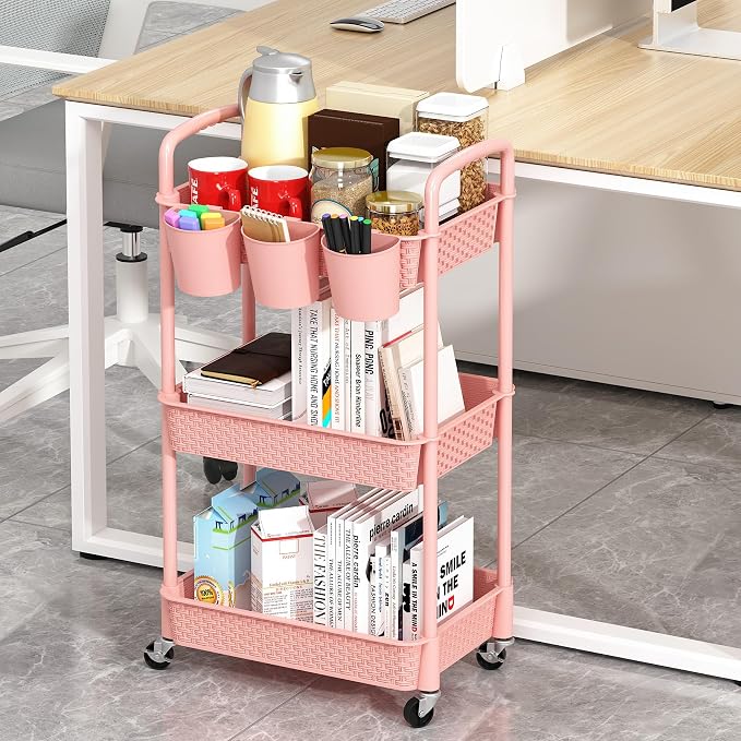MOYIPIN 3-Tier Plastic Rolling Utility Cart with Handle,Pink | Utility Storage Cart for Office, Living Room, Kitchen,Movable Storage Organizer，Easy installation，Rattan-like art design