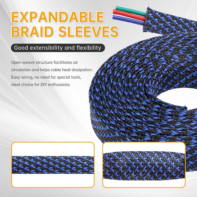 Braided Cable Sleeve, 33ft Expandable Wire Loom for Automotive Wiring Harness & PC Case, Pet-Proof Chew Resistant Cord Protector, Flexible Cable Management (Blue-Black, 6mm (1/4"))