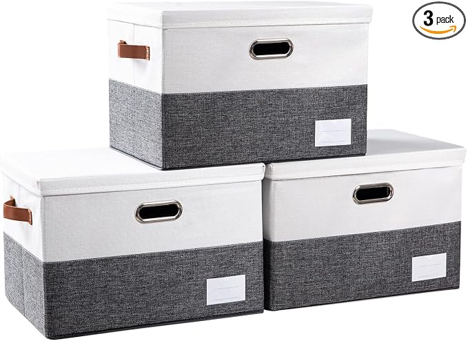 Foldable Storage Bins with Lids [3-Pack] Fabric Collapsible Storage Boxes Baskets Cubes Containers with Handles for Closet Living Room Bedroom (Grey & White 17.7x11.8x11.8'')