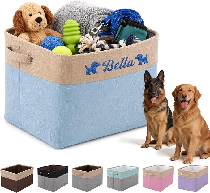 Personalized Dog Toy Storage Basket Bin with Embroidered Name | Customize a pet name and mirrored pet icons on a foldable fabric organizer for toys, leashes, blankets and pet supplies