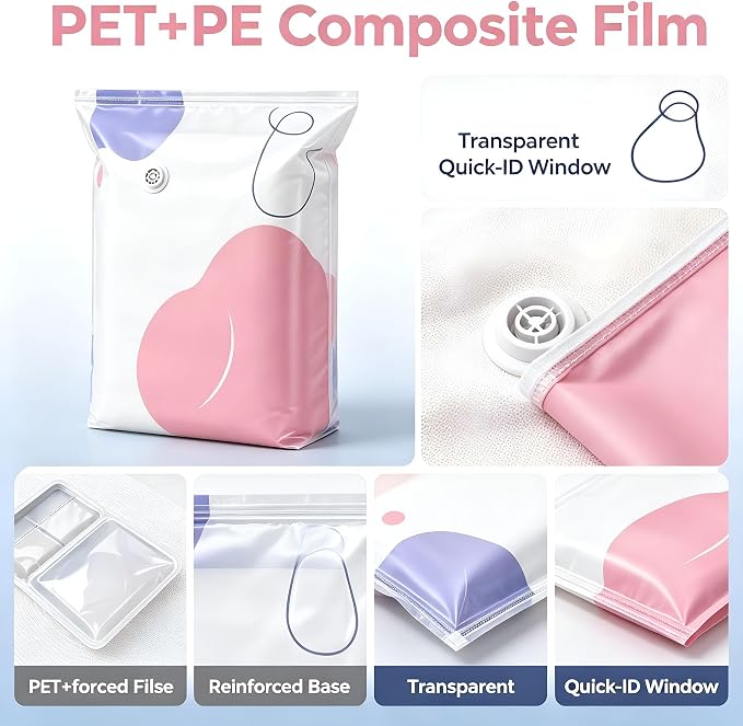 Pump storage bags 3 Pcs Large Cube Compression Space Saver Bags | upright PET+PE compression bags for clothes comforters and blankets; reinforced base double zip seal reusable