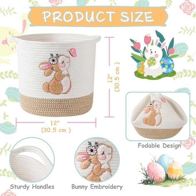 Toy Storage Baskets Woven Cotton Rope Storage Basket for Kids, Blanket Baskets for Living Room Stuffed Animal Storage Toys Organizer with Embroidery Decor, Cute Baskets for Nursery (Bunny)