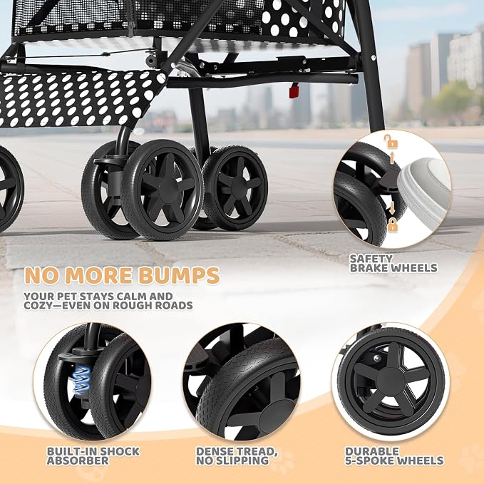 Magshion Compact Fold Pet Travel Stroller for Small Dogs Cats | Up to 22lbs, 4-Wheel Lightweight Umbrella Shaped Design, Safety Tethers, Breathable Mesh, Cup Holder & Rear Storage