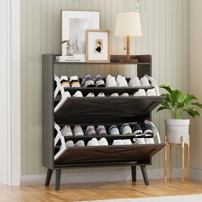 Homleke Farmhouse Shoe Storage Cabinet with Flip Drawers & Barn Door Design | Slim Narrow Shoe Rack Cabinet with Adjustable Shelves & Hidden Storage for Entryway, Foyer, Hallway, Living Room, Black