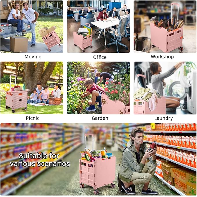 Foldable Utility Cart Collapsible Portable Crate Rolling Carts with Wheels Tote Basket with Magnetic Lid Telescopic Cover Wear-Resistant 360°Rotate Wheel Noiseless for Shopping Storage Office Use
