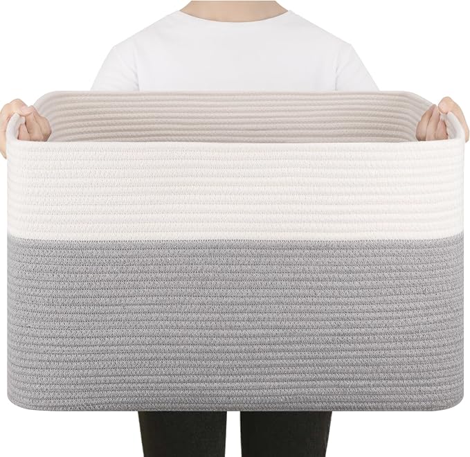 75L Large Cotton Rope Basket, Soft Toy Storage Bin for Nursery & Living Room, Decorative Blanket Basket for Bedroom, Baby-Safe Organizer for Pillows &Laundry, 22''×17''×12'', Grey and White