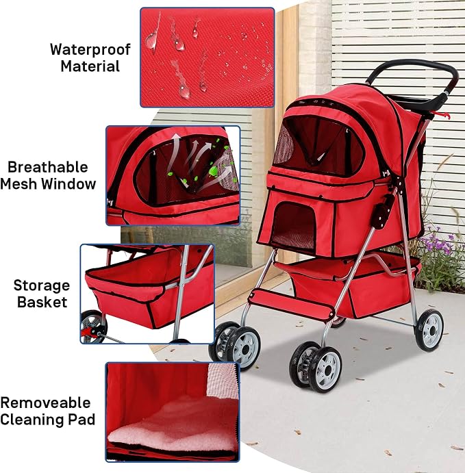Best 4 Wheels Pet Stroller for Dog Cat, Lightweight and Foldable Pet Jogger Stroller, Carrier Strolling Cart W/Cup Holders Removable Liner for Small and Medium Dog Cat or Pet - Red