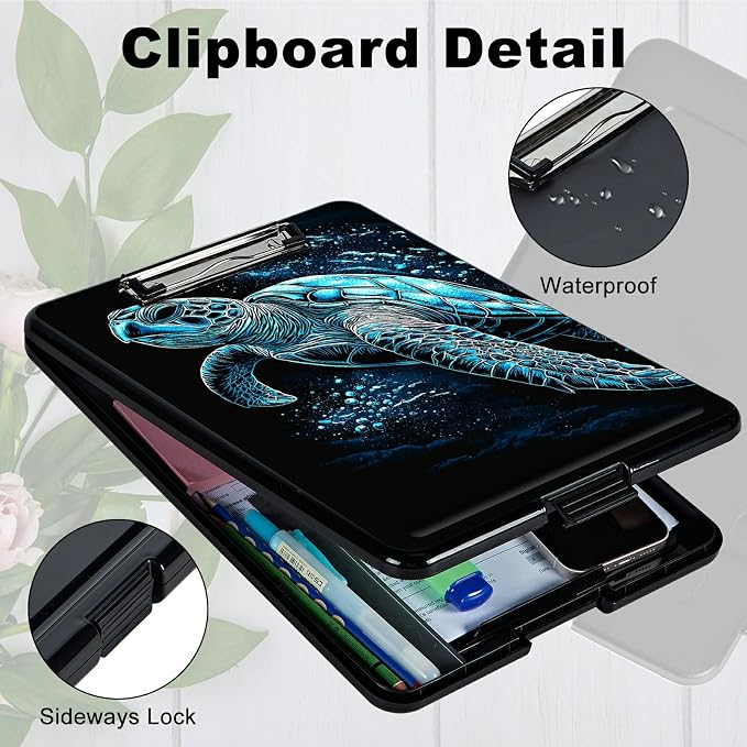 Heavy Duty Storage Clipboard, Slim Nursing Clipboard with Internal Pen Case, Portable File Organizer Case for A4 Letter Size Paper Office Medical Professionals, Blue Black Turtle