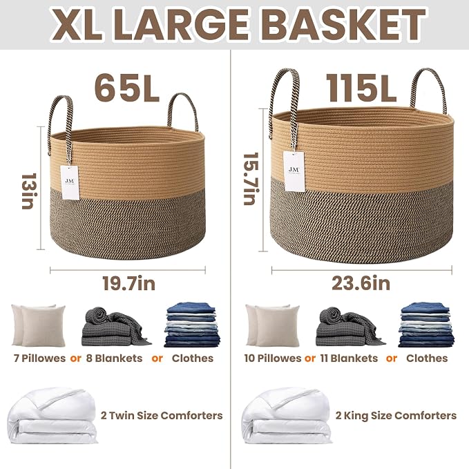 JMvicyroam 115L Extra Large Machine Washable Cotton Rope Blanket Basket | Collapsible laundry hamper, Reinforced handles, For blankets, pillows, toys and clothes, Living room and bedroom, Jute&Black