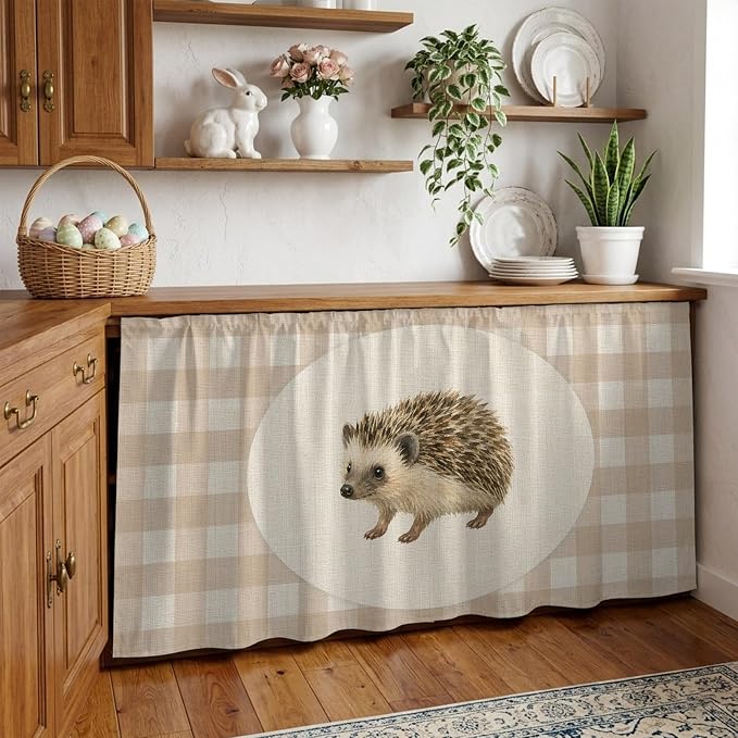 Hedgehog Cabinet Curtains 28"x51" Sink Skirt for Bathroom Kitchen, Vintage Farmhouse Linen Plaid Rustic Animal Self Stick Adhesive Under Desk Covers Tall Laundry Cabinet Storage Organizer