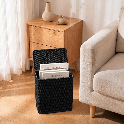 Wicker Trash Can,3 Gallon Bathroom Trash Can with Lid,Handwoven Paper Rope Rattan Waste Basket with Removable Liner and Built-in Handles for Bedroom,Toilet,Narrow Spaces,Black