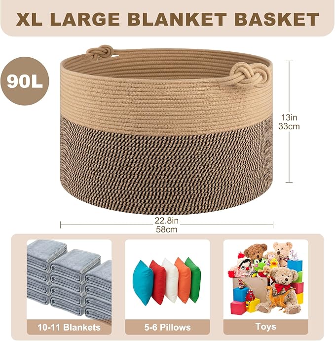 OIASKET Large Blanket Storage Basket for Living Room, 22.8" x 22.8" x 13" Woven Cotton Rope Basket with Handles, Baby Toy Storage, Laundry Hamper for Clothes, Pillows, Towels-Brown and Black