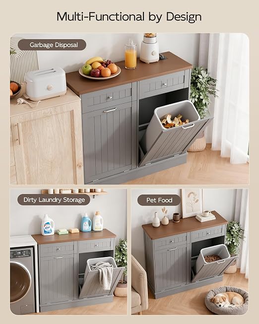 Betterhood Double Tilt Out Trash Cabinet with Power Outlet & USB, Hidden Garbage Can Holder with 2 Storage Drawers, Wooden Laundry Hamper for Kitchen, Bathroom, Living Room, Grey