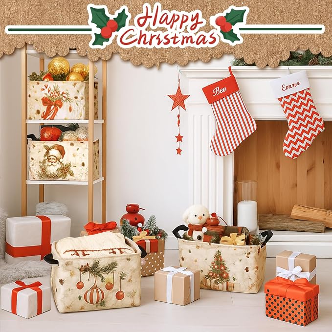 4pcs Christmas Storage Basket Fabric Laundry Baskets with Handle Xmas Foldable Organizer Boxes for Office Home Baby Cloth Toy Book 15 x 10 x 8(Snowman)