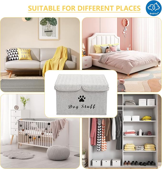 Large Dog Toys Storage Box Canvas Storage Basket Bin Organizer with Lid - Collapsible Linen Bin Ideal for Organizing Dog Cat Toys and pet Stuff-PP Boad-17" x 12" x 10" - Gray Stripe