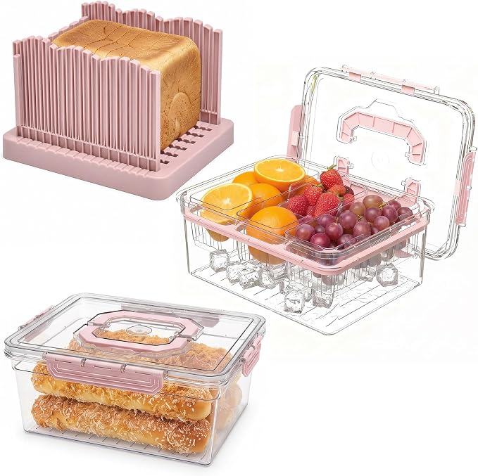 VECELO Bread Box with Slicer & Ice‑Chilled Condiment Caddy, Portable Airtight Bread Storage Container with Lid & Handle for Kitchen Counter, Pink