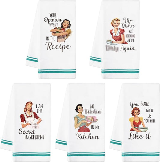 R HORSE 5Pcs Funny Kitchen Dish Towels, Funny Joked Themed Kitchen Dishcloth Absorbent Retro Sassy Lady Cleaning Dishcloth Bar Hilarious Hand Towel Gifts for Hostess Mom Women Housewarming