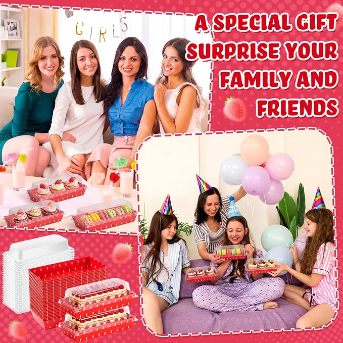 Bokon 50 Pack Strawberry Charcuterie Boxes with Clear Lids for Berry First Birthday Party Baby Shower and Summer Picnic Red Disposable Treat Boxes for Sandwich Cookie and Cake Slice