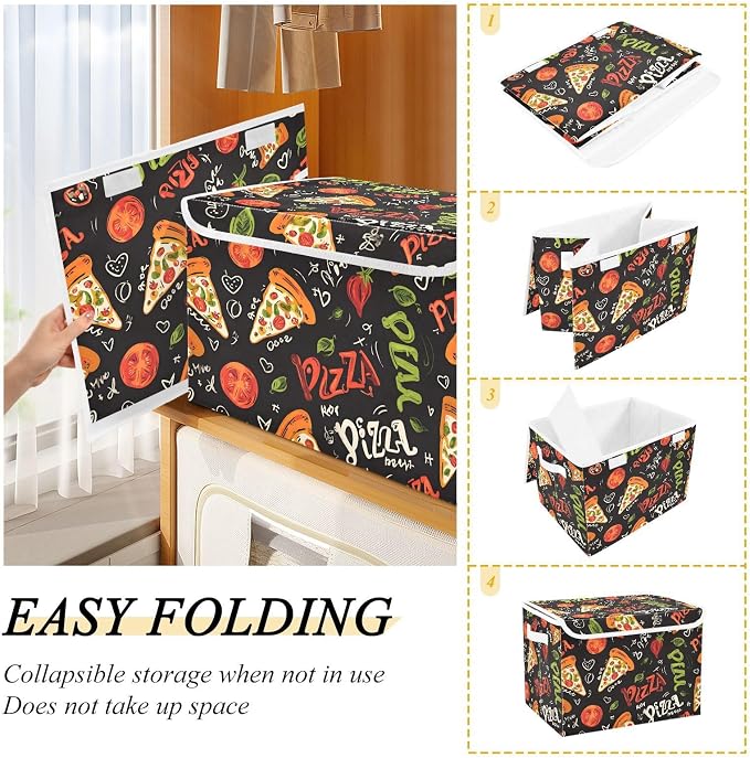 Pizza Fabric Storage Bins with Lid Large Organizer Containers 40L Baskets | Decorative Storage Boxes, Dust-Proof Flip Top, Reinforced Handles, For Home & Bedroom, Clothes & Toy Box, Oxford Fabric Print