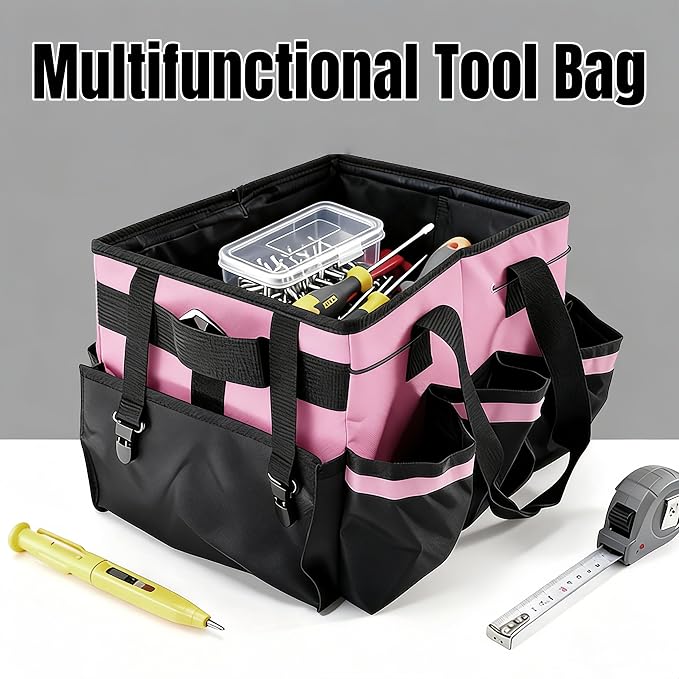 Tool Organizer Tote Bag, Pink and Black, Large Capacity with Adjustable Compartments, Portable Cleaning Storage Caddy, 14.96x10.63x9.06 Inches