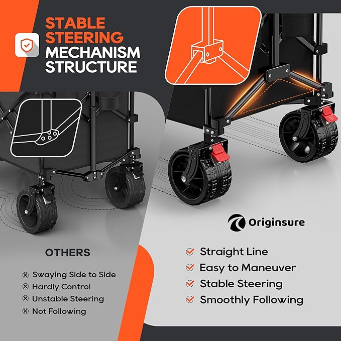 Originsure 300L Beach Wagons Carts Foldable with Big Wheels, 560lbs, Black | 48" Folding Utility Wagon,7" All-Terrain Wheels,Heavy Duty Frame,Compact&Space-Saving,for Camping,Sports,Grocery,Garden