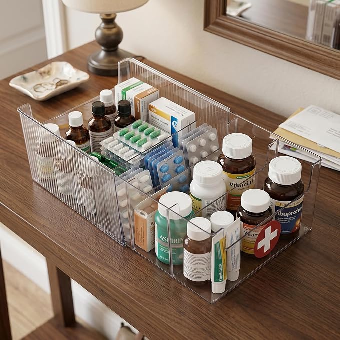 Expandable Medicine Cabinet Organizer, Clear Medication Storage Bin with Removable Divider, Vitamin Bottle Organizer for Countertop Bathroom Cabinet, Prescription Bottle and First Aid Supplies