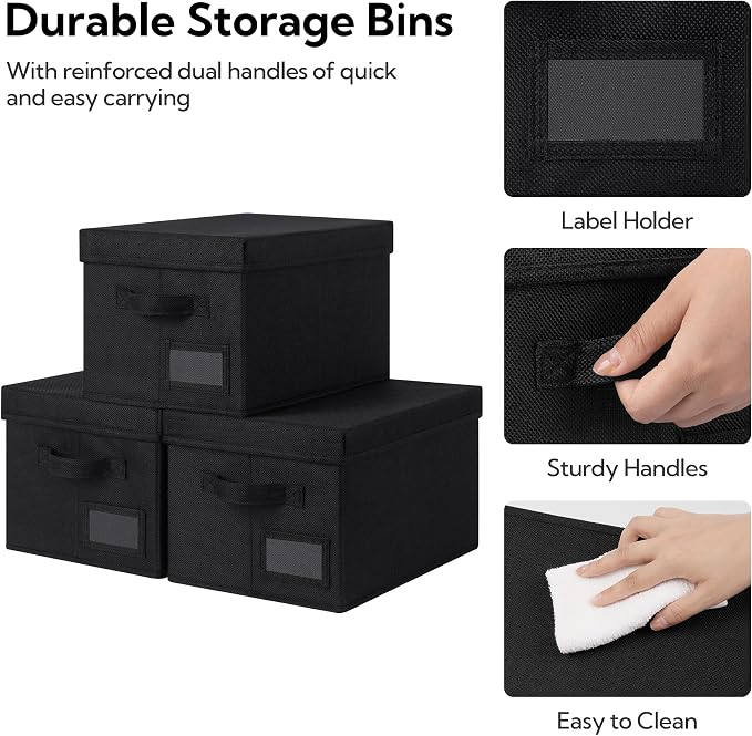 GRANNY SAYS Storage Bins with Lids, Decorative Storage Boxes with Lids | Storage Box with Dust Cover, Handles & Lable, Collapsible, Ideal for Closet Clothes Blanket Toys, Medium, Black, 3-Pack