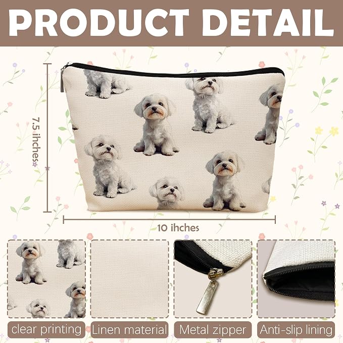 Maltese Dog Makeup Bag, Maltese Lovers Gifts Cosmetic Bag for Women, Dog Mom Lovers Owner Gifts for Women Christmas, Pet Lover Gift Zipper Travel Makeup Pouch for Purse