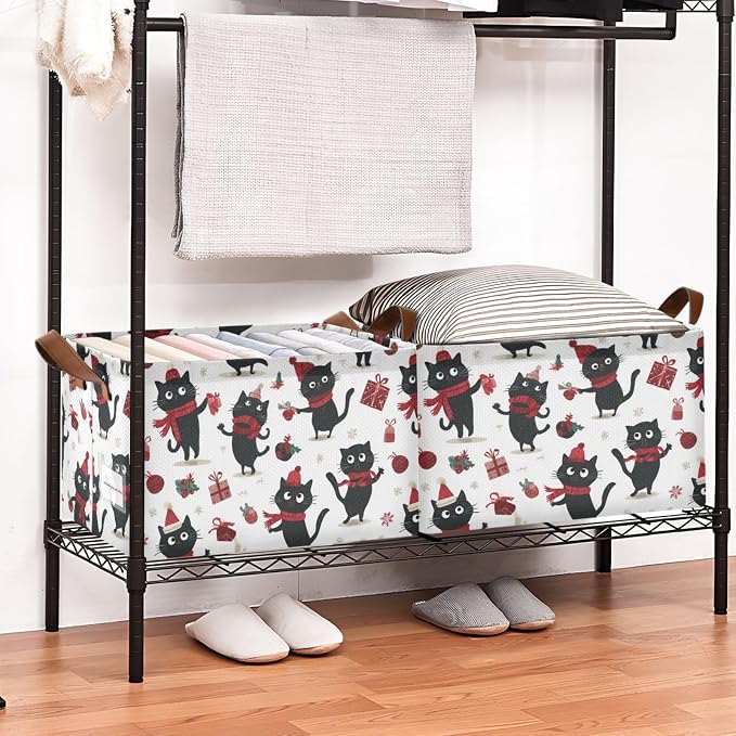 Christmas Cartoon Black Cat Storage Basket Foldable Cube Storage Bins with Handles&Label Waterproof Collapsible Organizer Box Bin Large Rectangle Decorative Baskets for Shelves Home Room Laundry-2 PC
