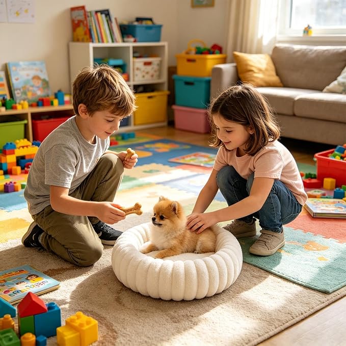 Round Dog Bed Raised Edge Soft Warm Plush Sleeping Mattress | Dog Donut Bed for Puppy Senior Kitten Indoor Outdoor Floor Bedside Kennel Couch Travel Car Home