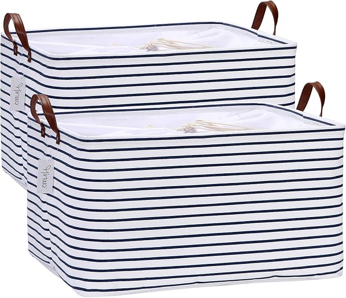 Hinwo 70L Extra Large Canvas Storage Bin with Lid and Handles, 2-Pack | Collapsible Fabric Baskets, Closet Shelf Organizers, Containers for Clothing, Blankets, Toys, Bedding (Blue Stripe)