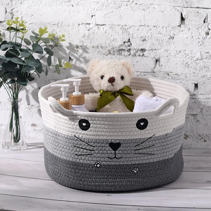 Zopeal Cat Woven Gift Basket Storage,13.7 x 7.8 Inch,Dark Gradient | Cute Cotton Rope Organizer with Handles for Toy Box, Nursery Decor, Decorative Bin, Pet Supplies Holder, Desk Storage