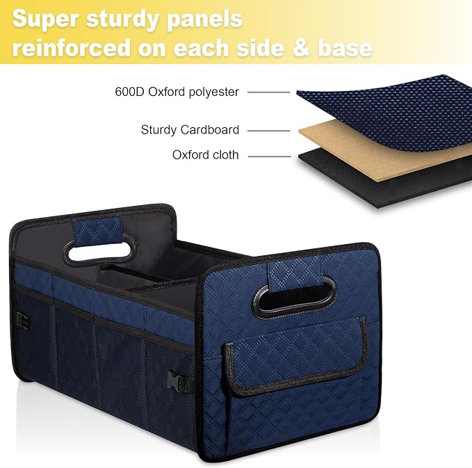 Car Trunk Organizer for SUV, Collapsible Car Storage Organizer Dark Blue | Sturdy, Large Capacity, Diamond Decor, Multi Compartment Container Box Adjustable Car Accessories for Sedan Truck